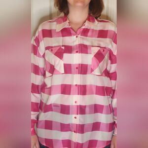 Newport New L Plaid Pink White 100% SILK Pockets Lngslv Buttons Up Women’s Shirt